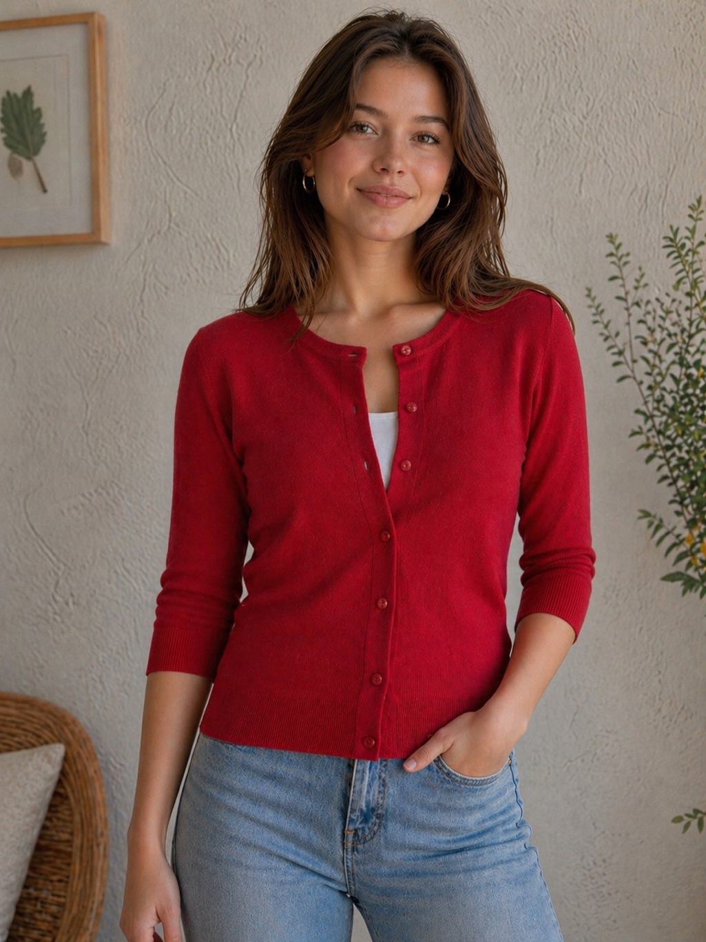 Red Button-Front Women's Cardigan